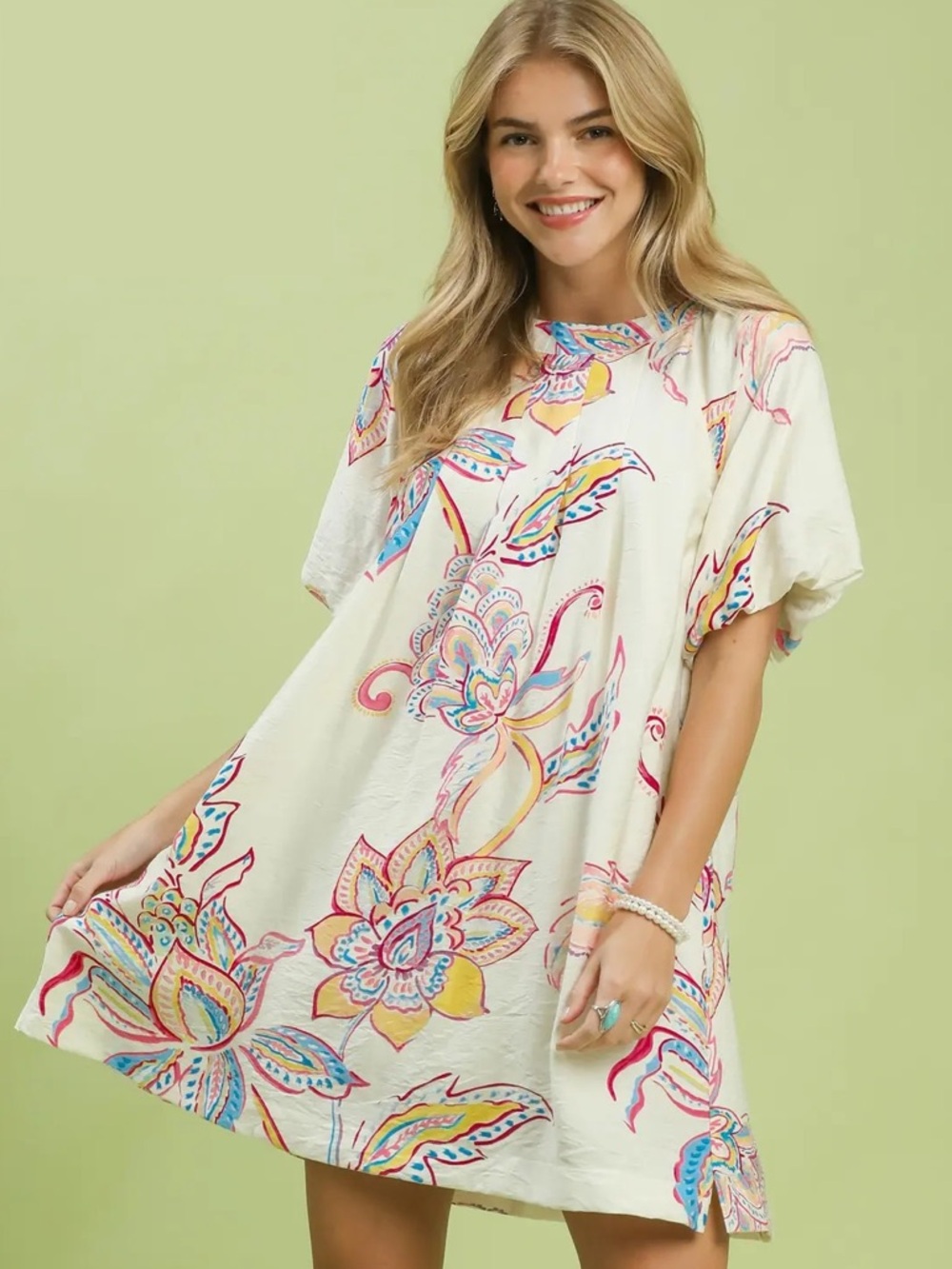 💗Hello Gorgeous! Umgee Boho Floral Print Mini Dress with Pockets-Off White